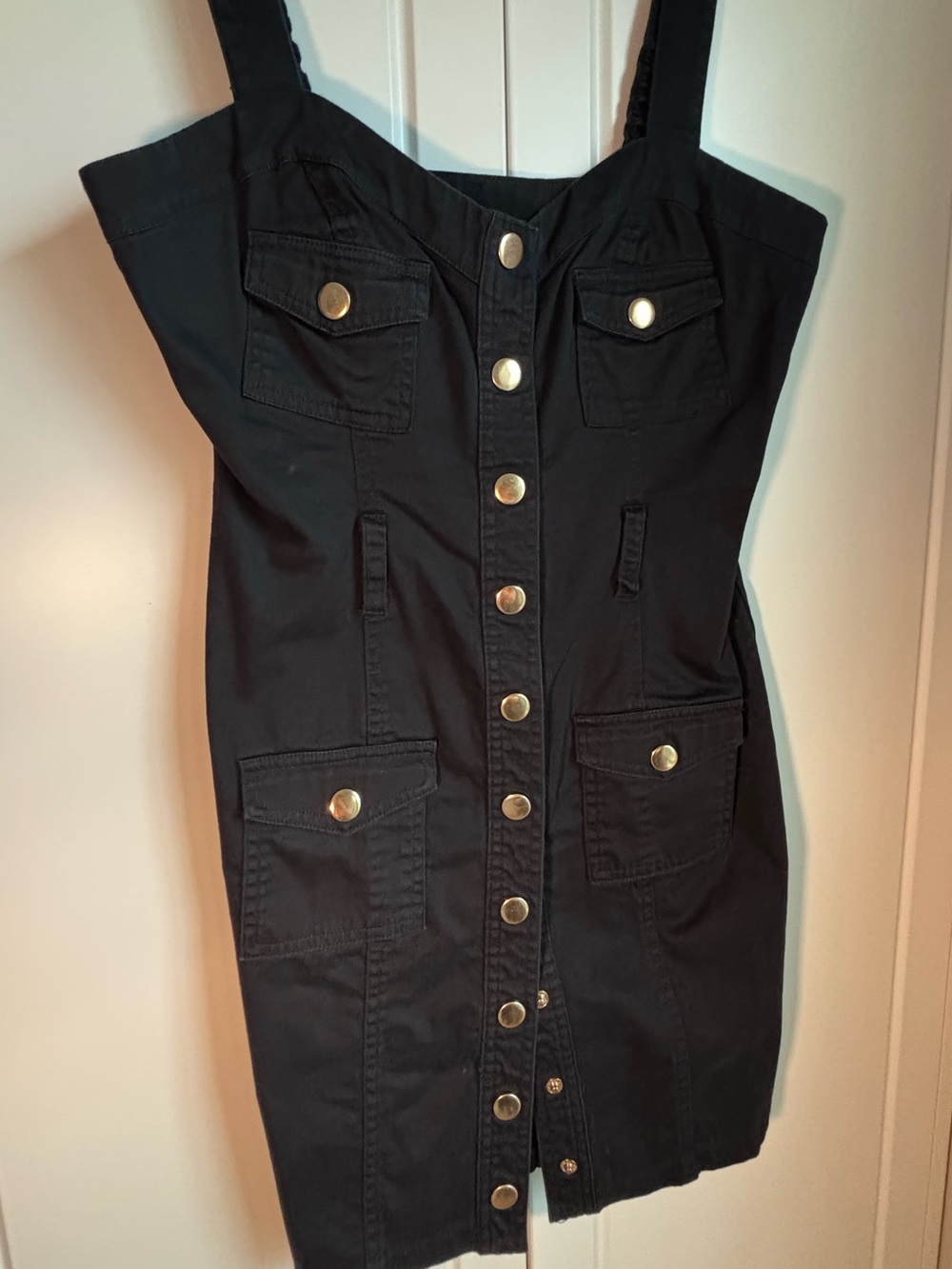 bebe Black Button-Front Utility Mini Dress